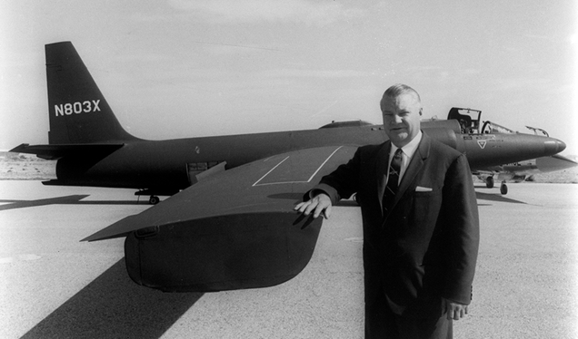 Clarence “Kelly” Johnson, the principal designer of the Lockheed U-2, poses with the Dragon Lady in 1966. (Lockheed Martin)
